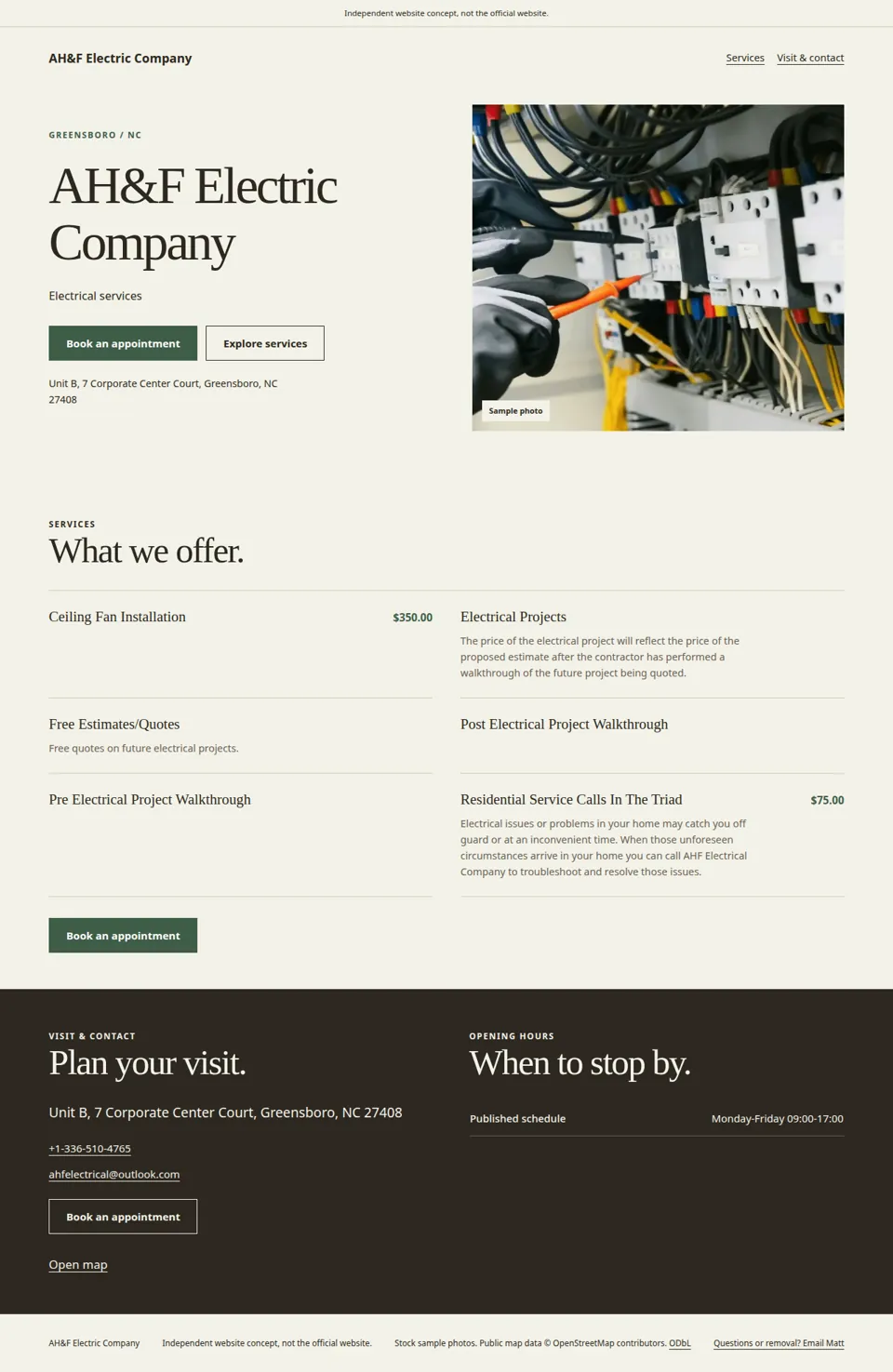 Screenshot of the independent AH&F Electric Company sample site we built