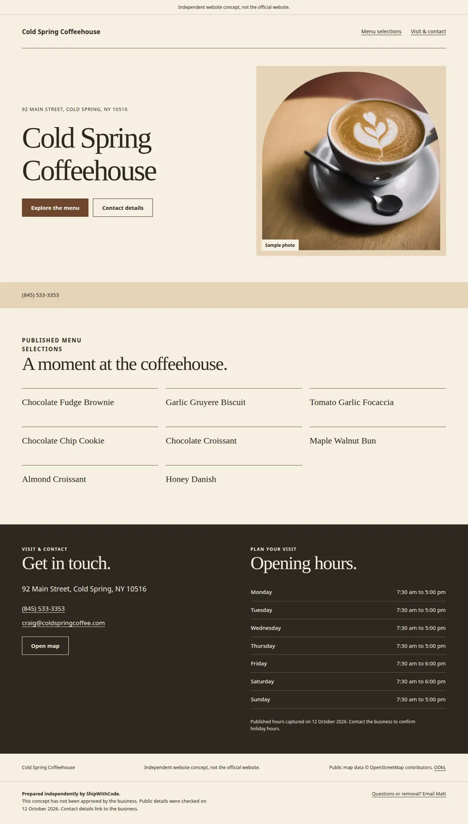 Screenshot of the independent Cold Spring Coffeehouse sample site we built