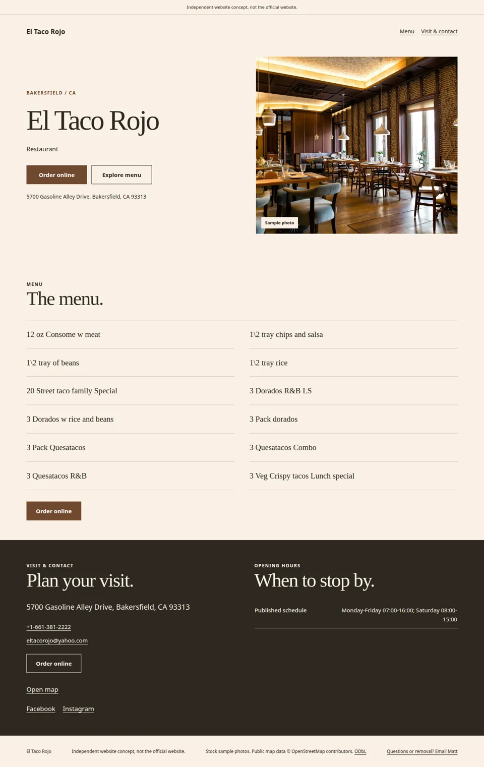 Screenshot of the independent El Taco Rojo sample site we built
