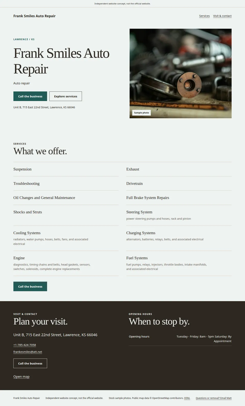 Screenshot of the independent Frank Smiles Auto Repair sample site we built