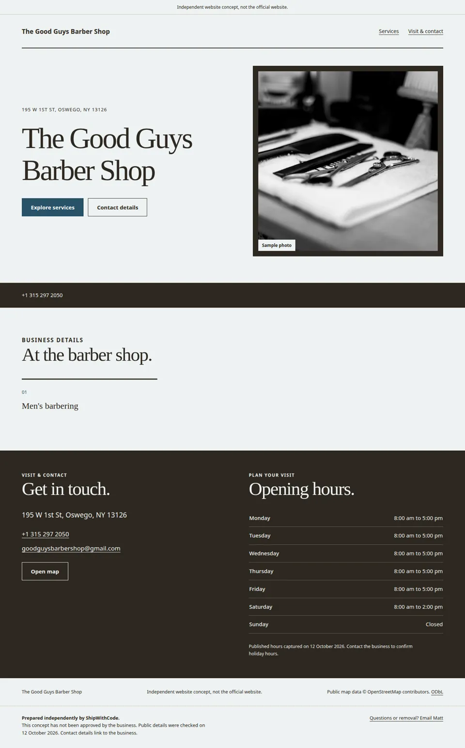 Screenshot of the independent The Good Guys Barber Shop sample site we built