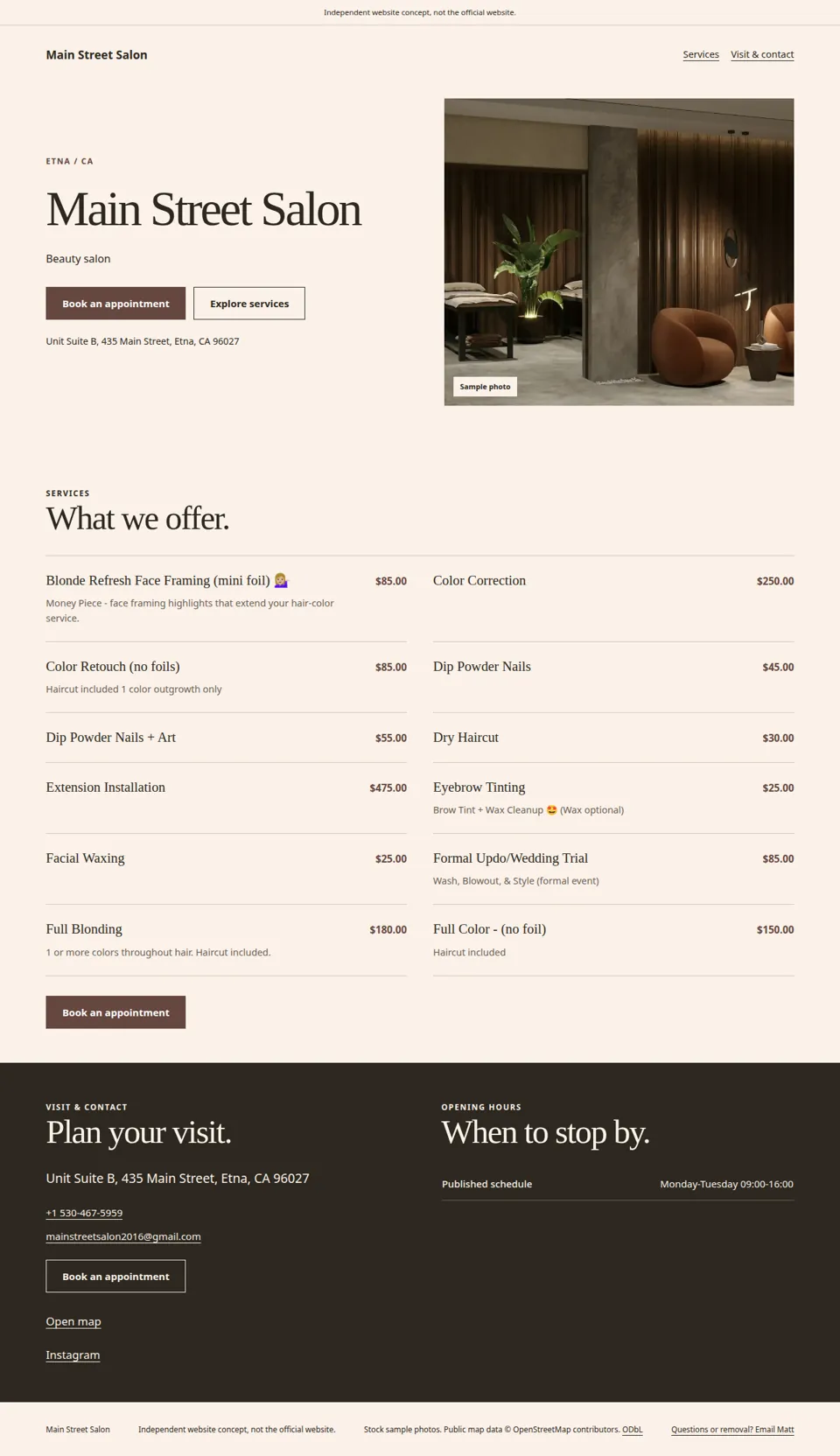 Screenshot of the independent Main Street Salon sample site we built