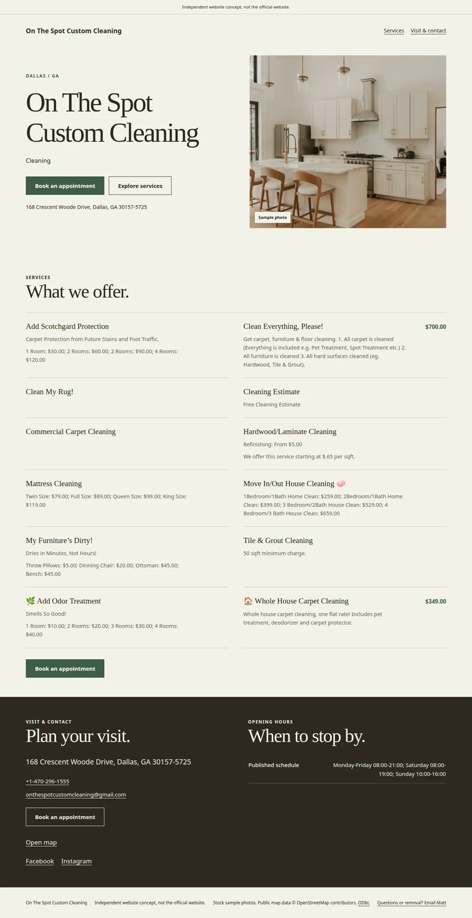 Screenshot of the independent On The Spot Custom Cleaning sample site we built