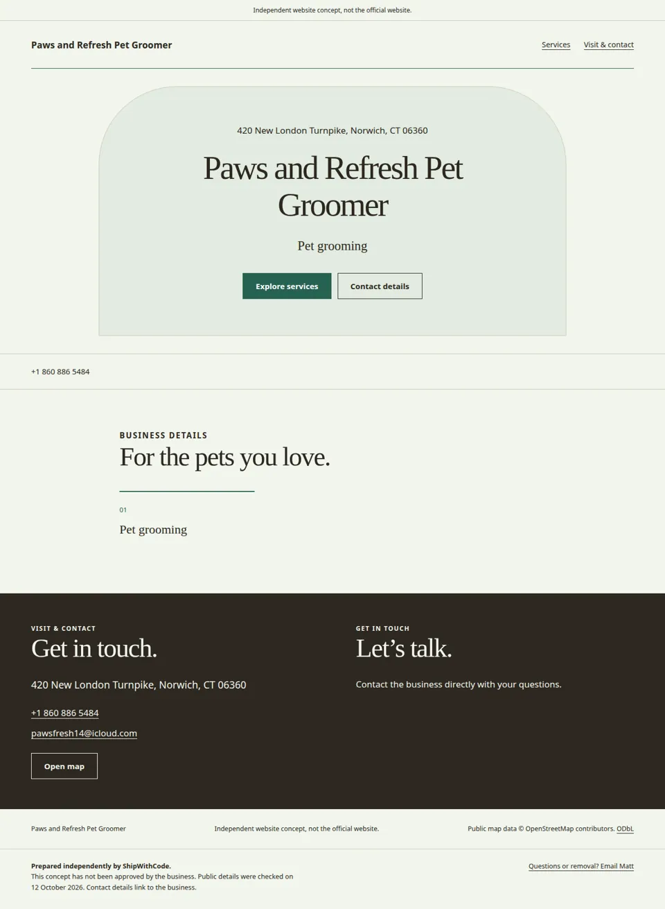 Screenshot of the independent Paws and Refresh Pet Groomer sample site we built